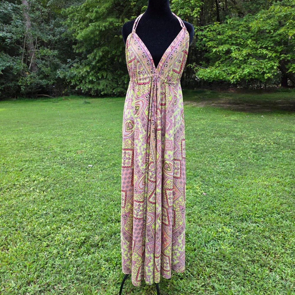 Women's 100% Silk Paisley Halter Maxi Dress Pink Green Open Back Boho Festival